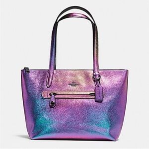 Coach Taylor Tote Bag Hologram Oil Slick Purple Green Pebbled Leather 57329